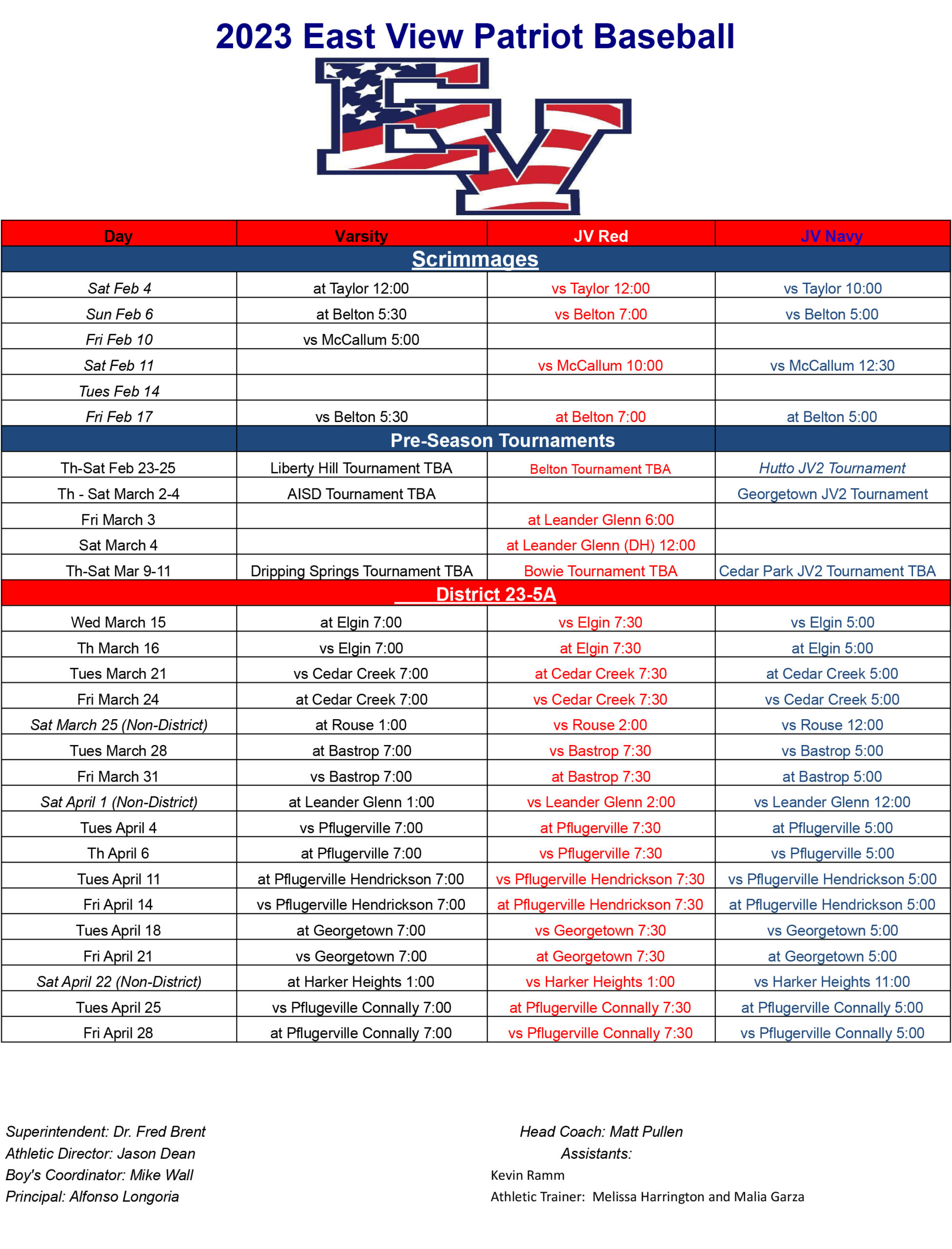 East View Patriot Baseball Schedule